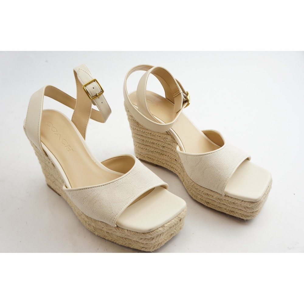 Coach CAS75 Wedge Sandals 5.5 Chalk Canvas Leather Espadrille Signature EUC